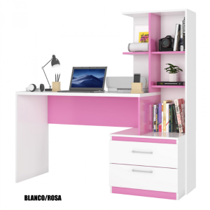 Escritorio con Cajones y Repisa - Poli Blanco/Rosa