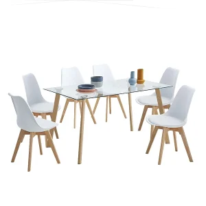 Juego De Comedor 6 Sillas Mesa Tapa De Vidrio Patas Madera